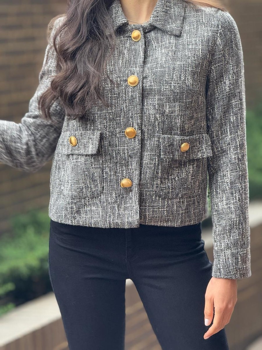 Chaqueta Genevieve en tweed gris con botones dorados